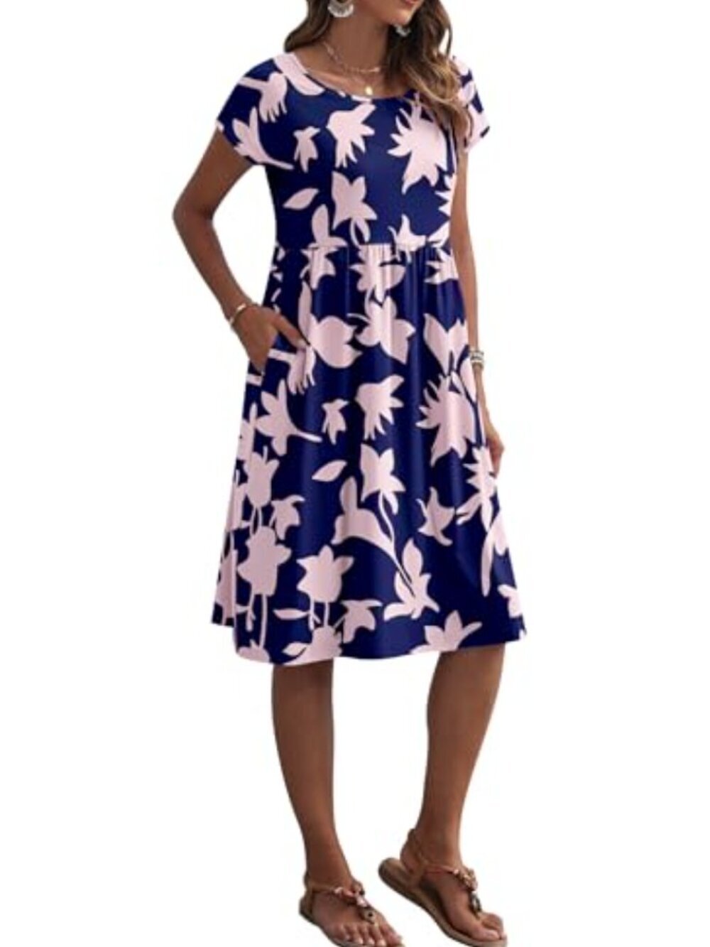 🆕 Women Summer Dresses Short Sleeve Knee-Length Round Neck Loose Dress - Picture 2 of 6
